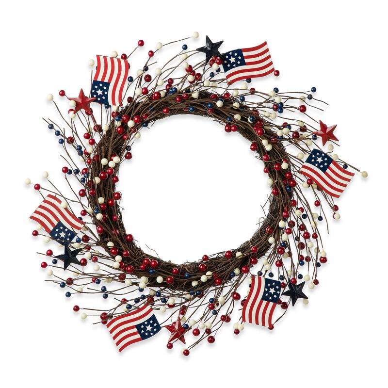Glitzhome 22"D Artificial Patriotic Americana Flag and Berry Wreath