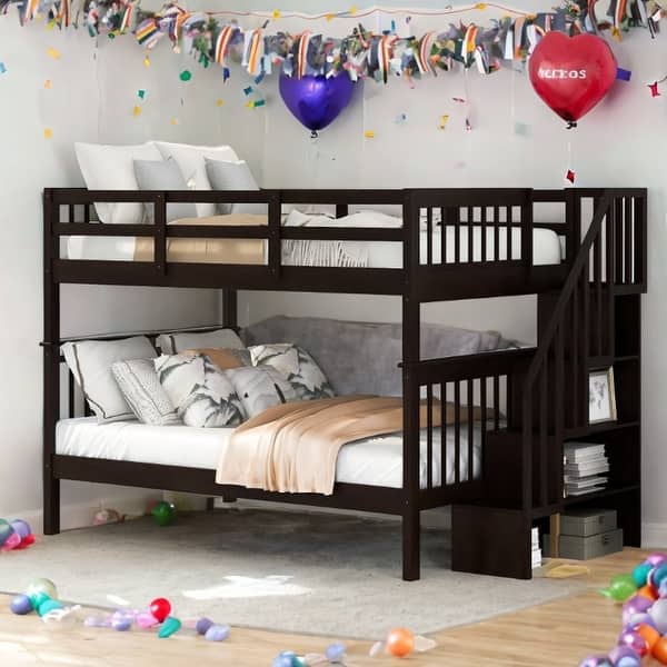 slide 2 of 12, Full-Over-Full Bunk Bed with Stairway, Storage and Guard Rail Espresso