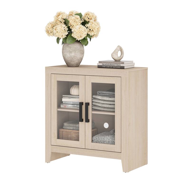 WAMPAT Modern Farmhouse TV Stand, Entertainment Center with Tempered Glass Doors & Adjustable Shelves