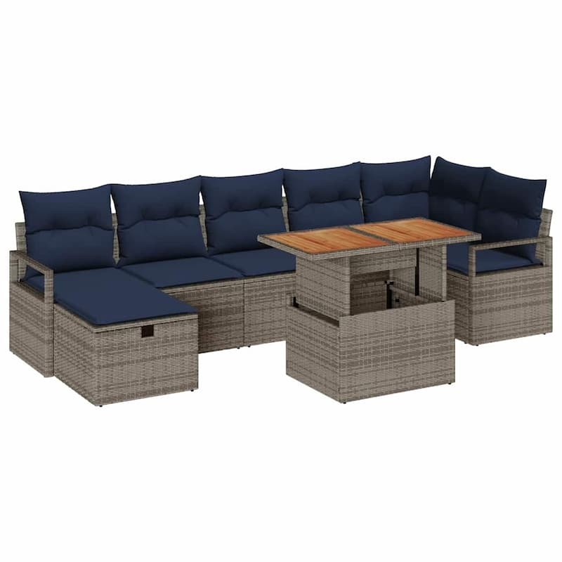 vidaXL 8 Garden Sofa Set with Cushions Black/Grey Poly Rattan - 113 x 48 x 27.2