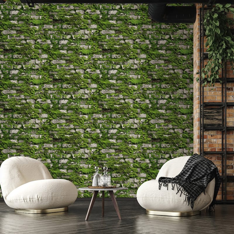 Galerie Wallcoverings Bricks and More Collection Mossy Stone Wall Matte Finish Vinyl on Non-woven Wallpaper Roll