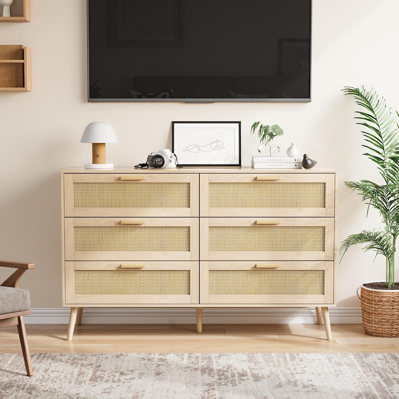 6 Drawer Rattan Double Dresser, Wooden Storage Wardrobe Dresser, Decorative Cabinet with Wood Handles and Legs