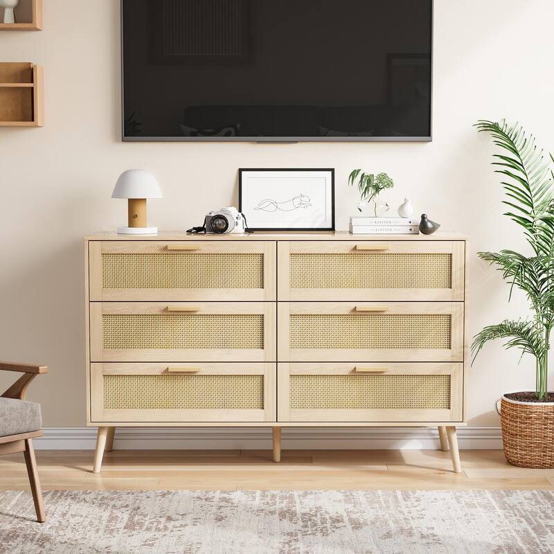 Rattan 6 Drawers Chest of Dressers for Bedroom, Wide Chest of Drawers, Rattan Dresser Storage Cabinet for Living Room, Bedroom