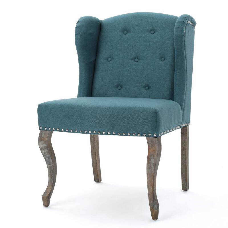 Teal Fabric Wingback Chair with Button Tufting & Nailhead Detail - Classic KD Single Chair, Rubberwood Frame, Cabriole Legs