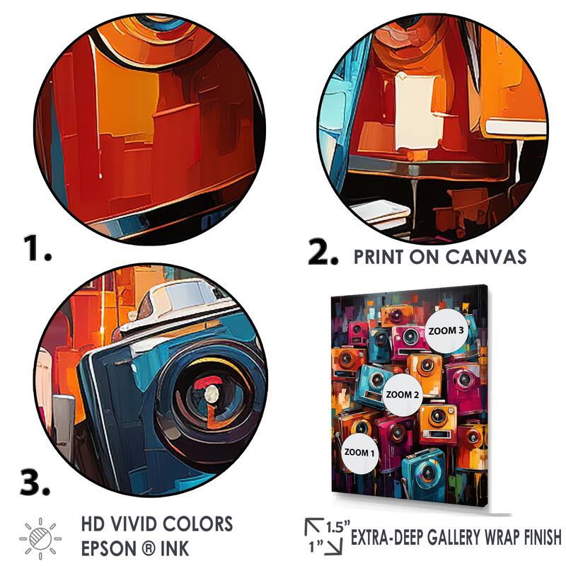 Designart "Popart Colorful Cameras " Pop Art Framed Wall Decor