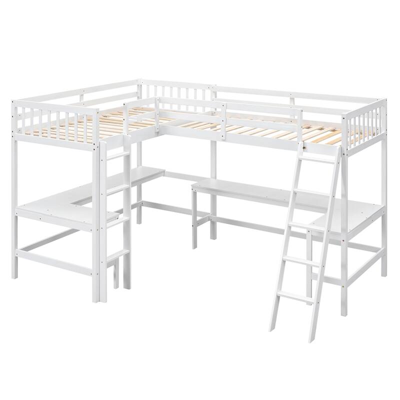 Twin Size Wood L-Shaped Loft Bed with Ladder and 2 Built-in Desks