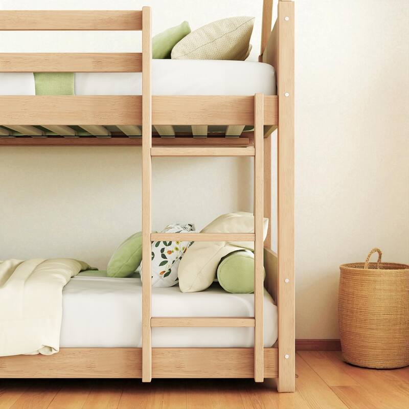 Twin over Twin House Bunk Bed with Roof Frame, Guardrails, Ladder and Headboards, Rubber Wood Kids Floor Bed