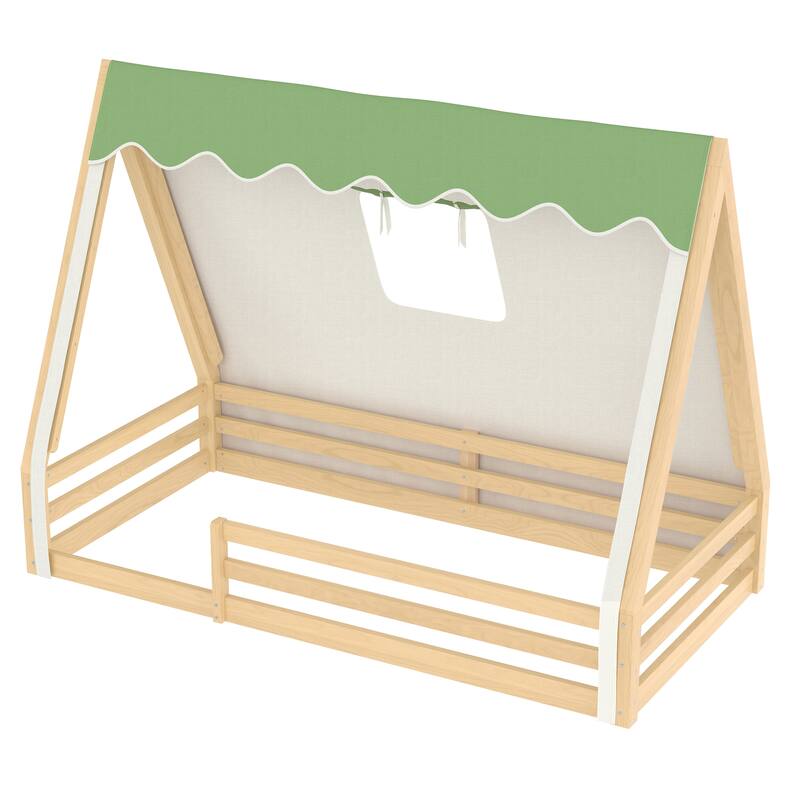 Teepee Montessori Bed for Toddlers, House-shaped Platform Bed Kids Playful Floor Bed with Tent, Sunroof and Light Strip