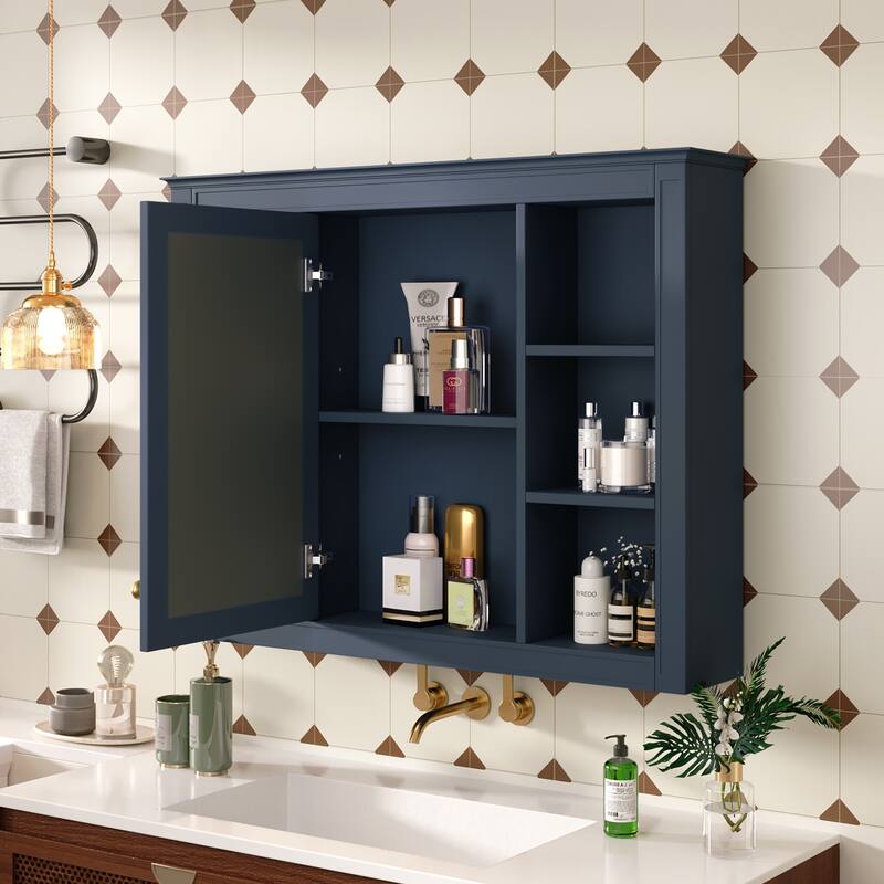 GDFStudio - Riggs Modern Wall-Mounted Bathroom Storage Cabinet with Mirror and Open Shelves (Not Include Bathroom Vanity)