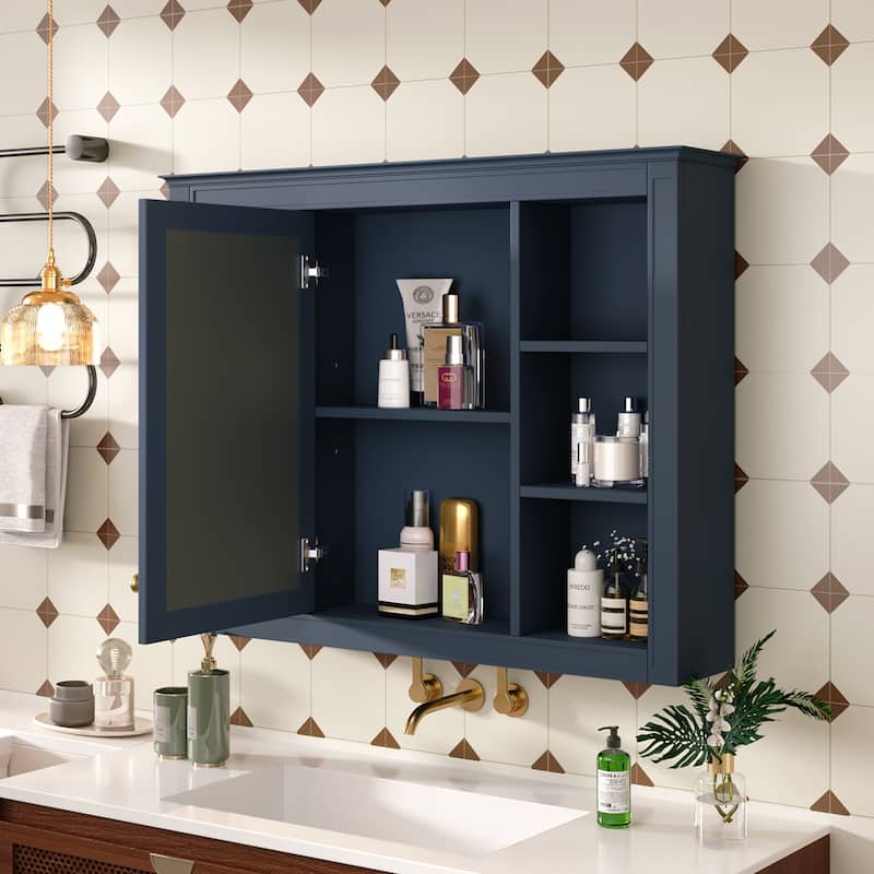 Wall Mounted Bathroom Storage Cabinet, Modern Bathroom Wall Cabinet with Mirror, Mirror Cabinet with 6 Open Shelves