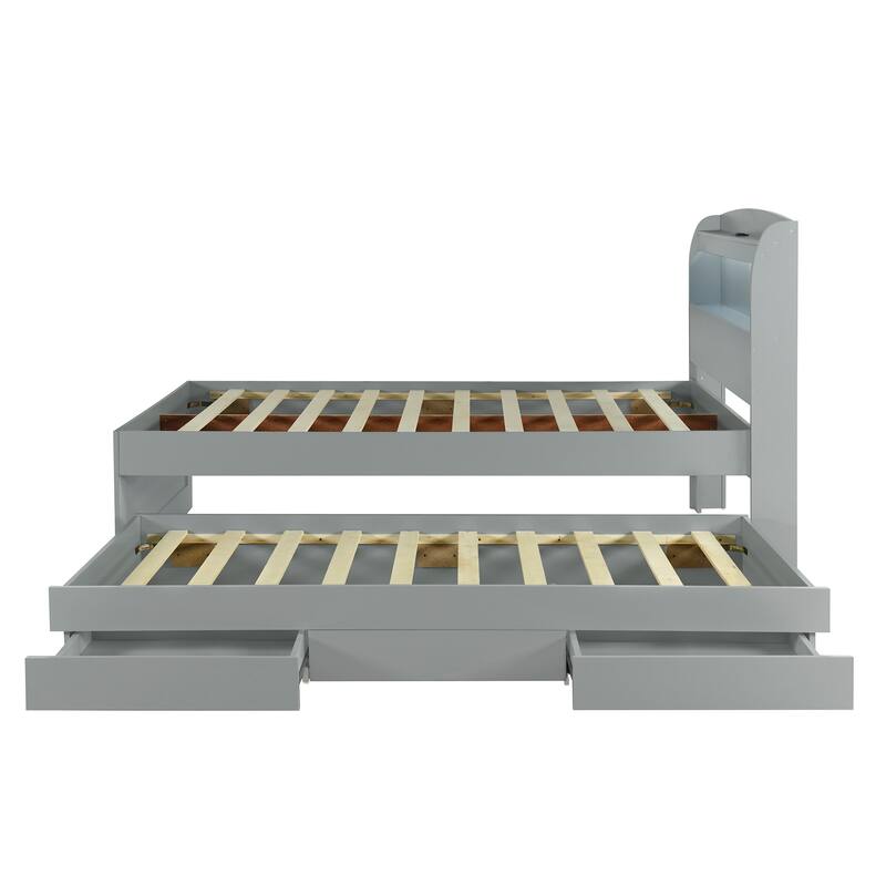Full XL Size Platform Bed with Storage LED Headboard, Charging Station, Twin Size Trundle, and 2 Drawers