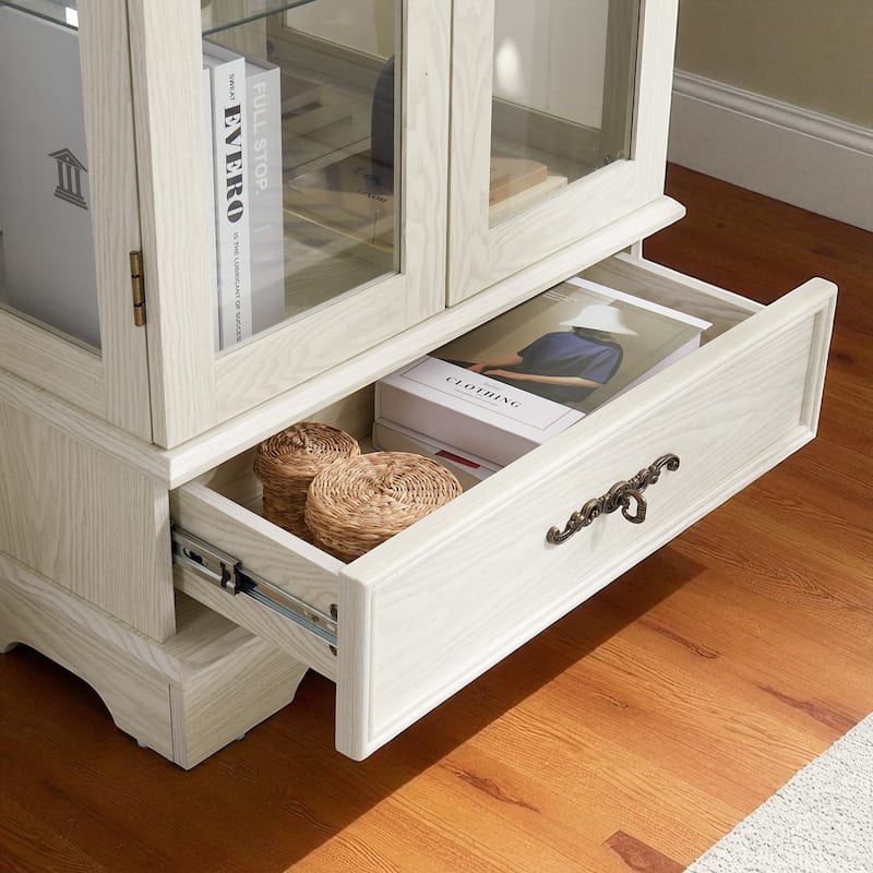 Lighted Glass Curio Cabinet with Adjustable Shelves, 2-Door Display Cabinet with Drawer and Built-in Bulb, Retro Accent Storage
