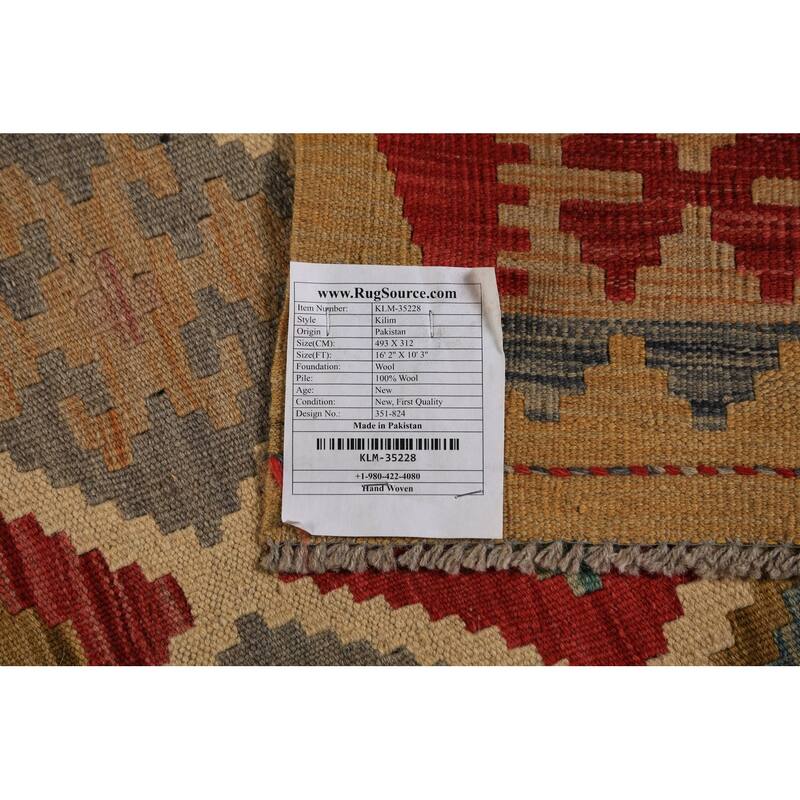 Geometric Reversible Kilim Oriental Large Rug Hand-Woven Wool Carpet - 10'3"x 16'2"