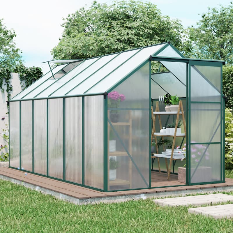 GDF Studio - Laussat Outdoor Aluminum Polycarbonate Greenhouse with Raised Base and Walk-In Design