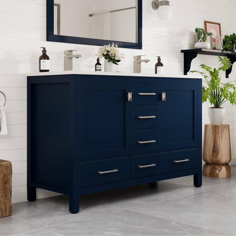 London 48"W Blue DS Bath Vanity with Carrara Quartz Top & Porcelain Sink