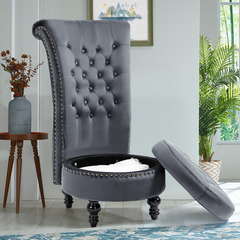 AVAWING High Back Throne Chair Velvet Armless Royal Accent Chair with Storage - Grey