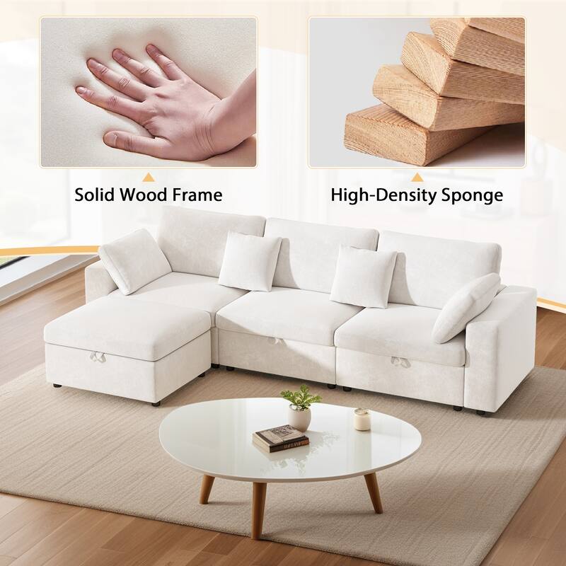 118" Oversized L-Shaped Velvet Sectional Sofa with Storage Ottoman, Removable Pillows, Cloud Couch for Living Room and Bedroom