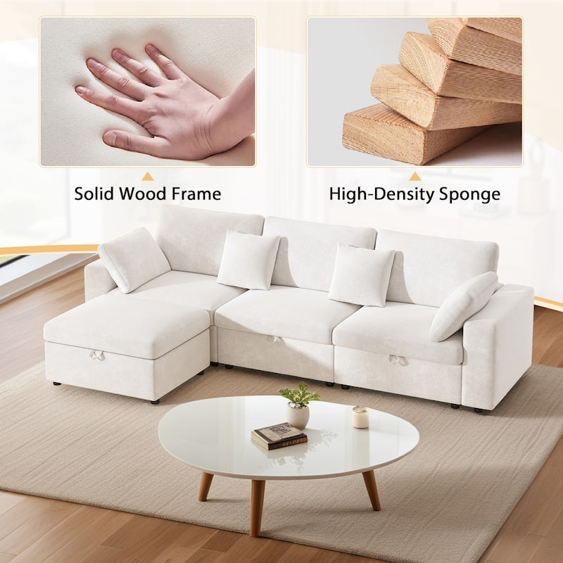 Velvet Upholstered Modular Deep Seating Couches L-shaped Chaise Sectional Sofa with Side Pockets, Storage Ottoman and Seat