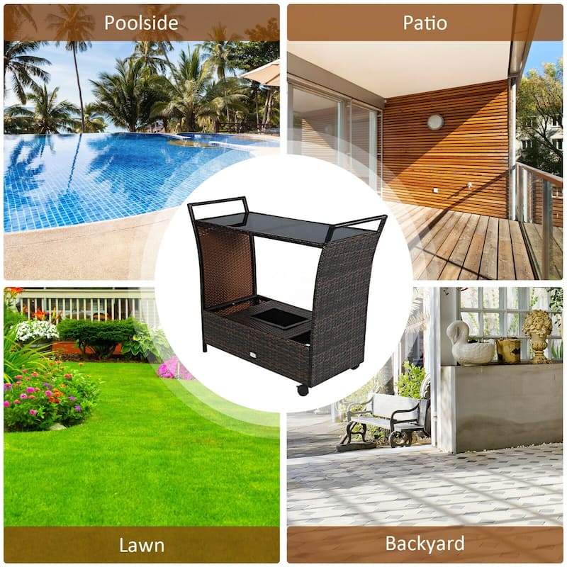 Patio Rattan Bar Serving Cart with Glass Top and Handle - 43" x 18" x 26" (L x W x H)