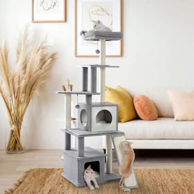 62" Large Modern Cat Tree with Multi-Floor Play Towe and Dangling Toy