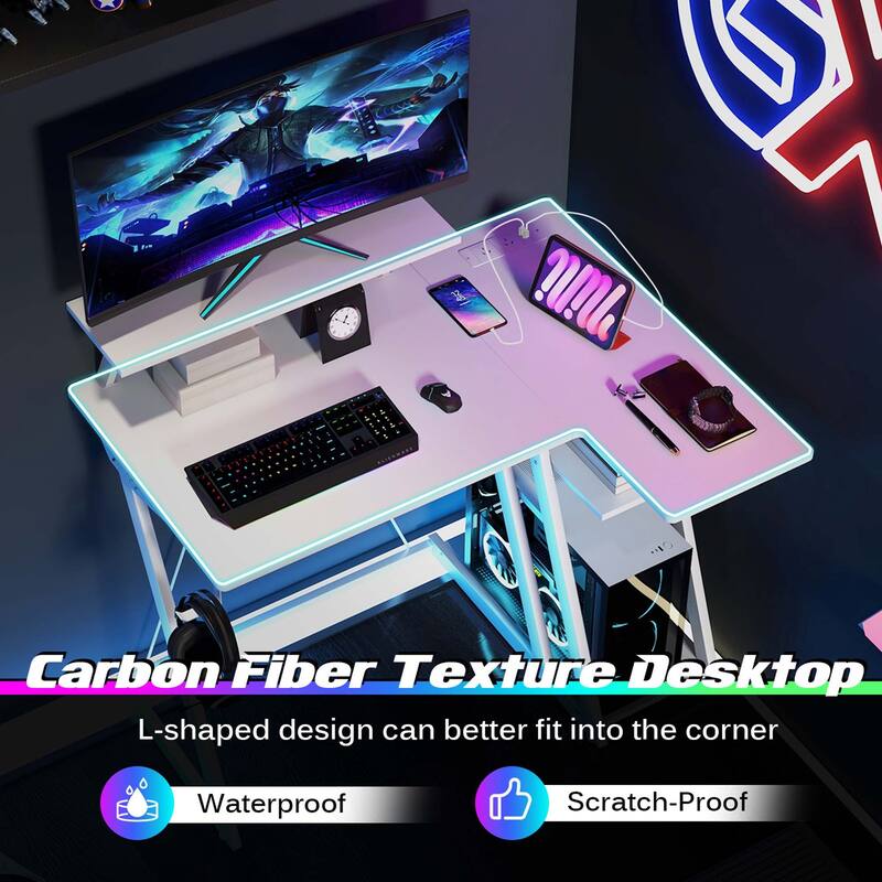 Costway L Shaped Gaming Desk with Outlets & USB Ports Monitor Shelf