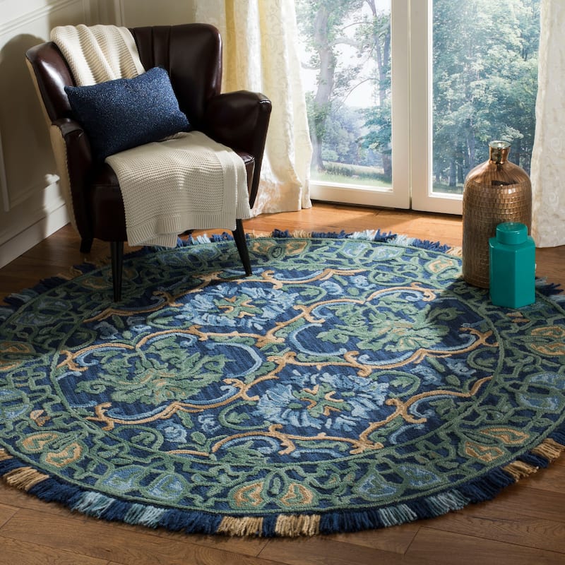 SAFAVIEH Handmade Blossom Parthenia Floral Wool Rug - 6' Round - Navy/Green - Round