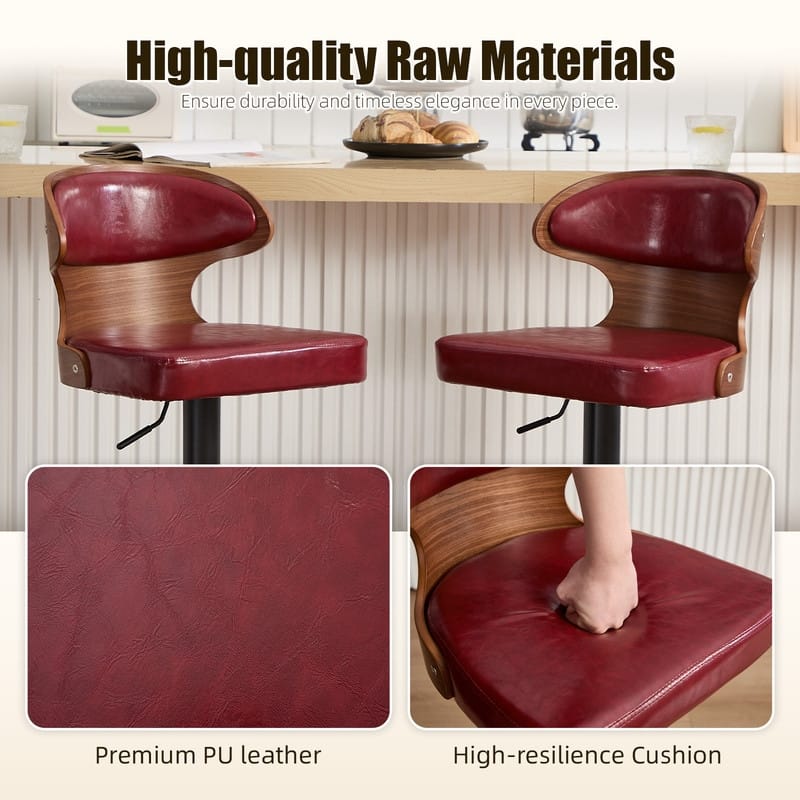 PU Leather Upholstered Curved Backrest 360° Swivel Adjustable Height Bar Stools with Footrest(set of 2)
