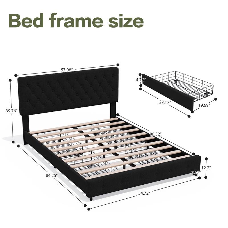Linen Upholstered Headboard Bed Frame with Large Hidden Storage, 4 Underbed Drawers with Pulleys