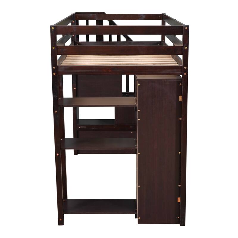 Twin Size Wooden Loft Bed with Storage Drawers, Shelves, and Stairs - Espresso