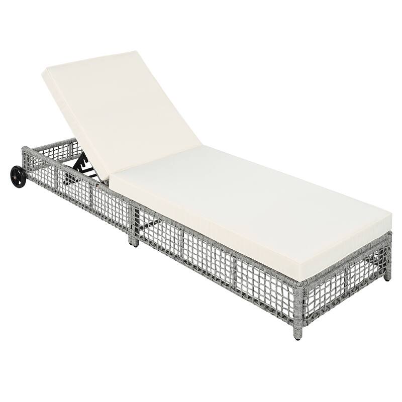 Set of 2 Rattan Outdoor Chaise Lounges with Wheels and Adjustable Backrest, Cushions for Poolside Backyard Garden