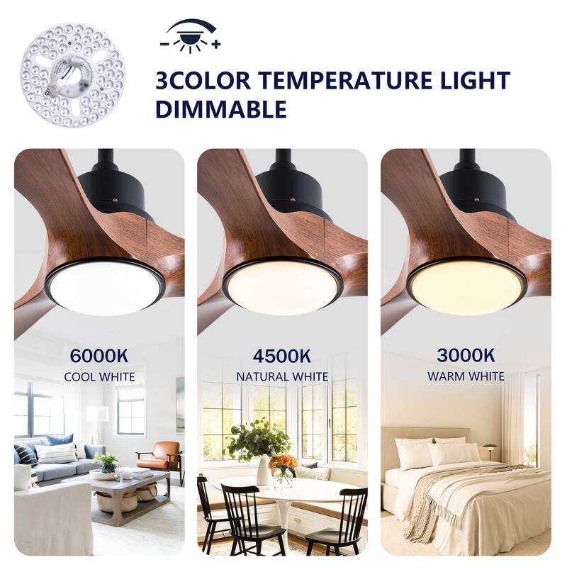 52" Ceiling Fan with 3 Color Dimmable 3 ABS Blades Remote Control Reversible DC Motor