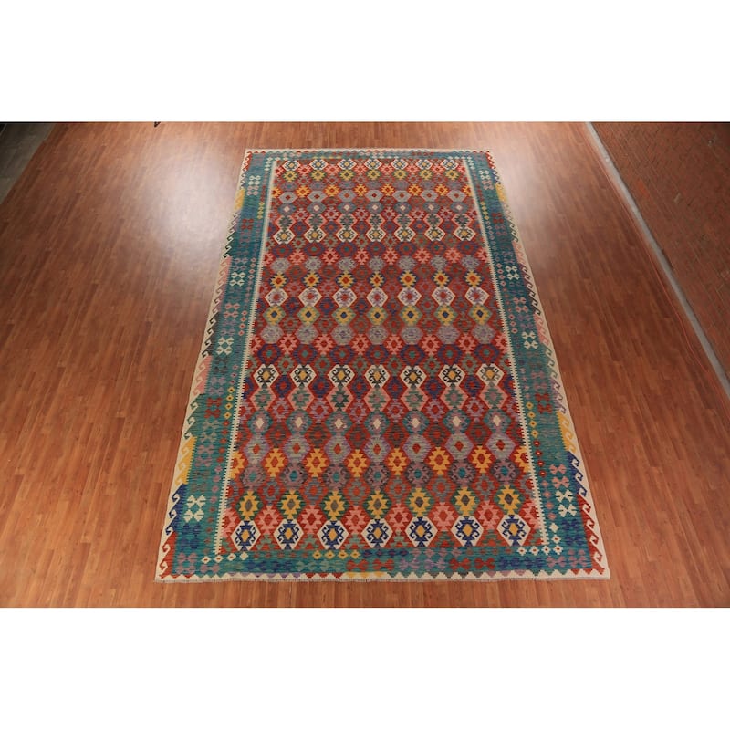 Geometric Kilim Oriental Large Rug Hand-Woven Wool Carpet - 10'3"x 16'6"