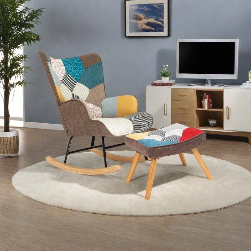 Patchwork Linen Rocking Chair with Ottoman (Mid-Century Style) - Colorful3