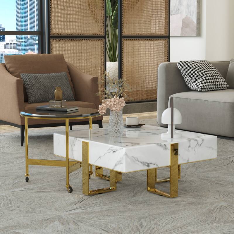 Modern Luxury Square Faux Marble Coffee Table Set Nesting Coffee Table with End Table - White and Gold