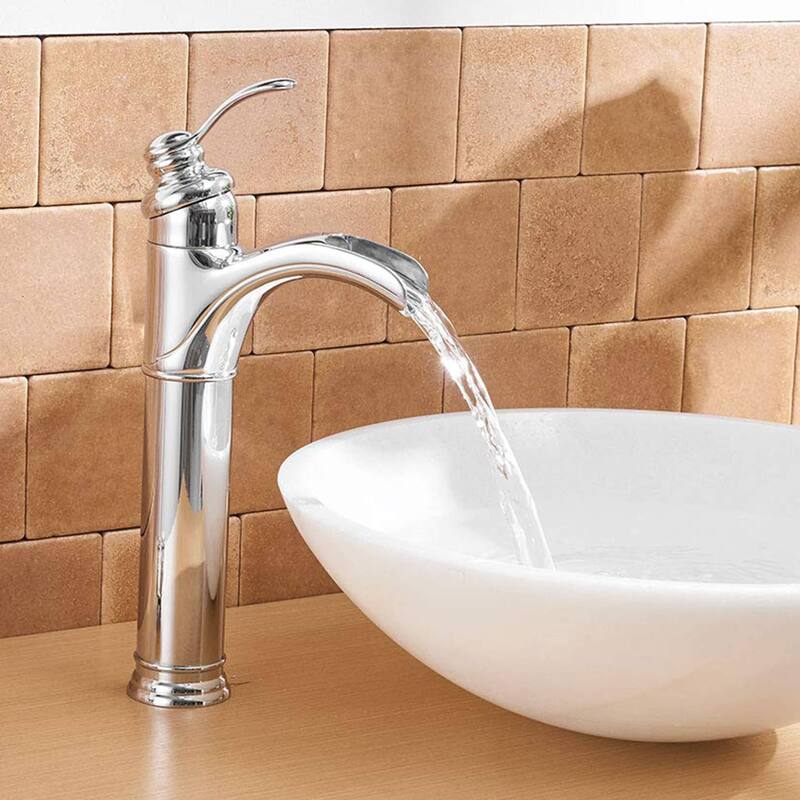 Waterfall Bathroom Vessel Faucet With Drain Assembly Single Handle Bathroom Vessel Sink Faucets One Hole Modern High Basin Taps - Chrome