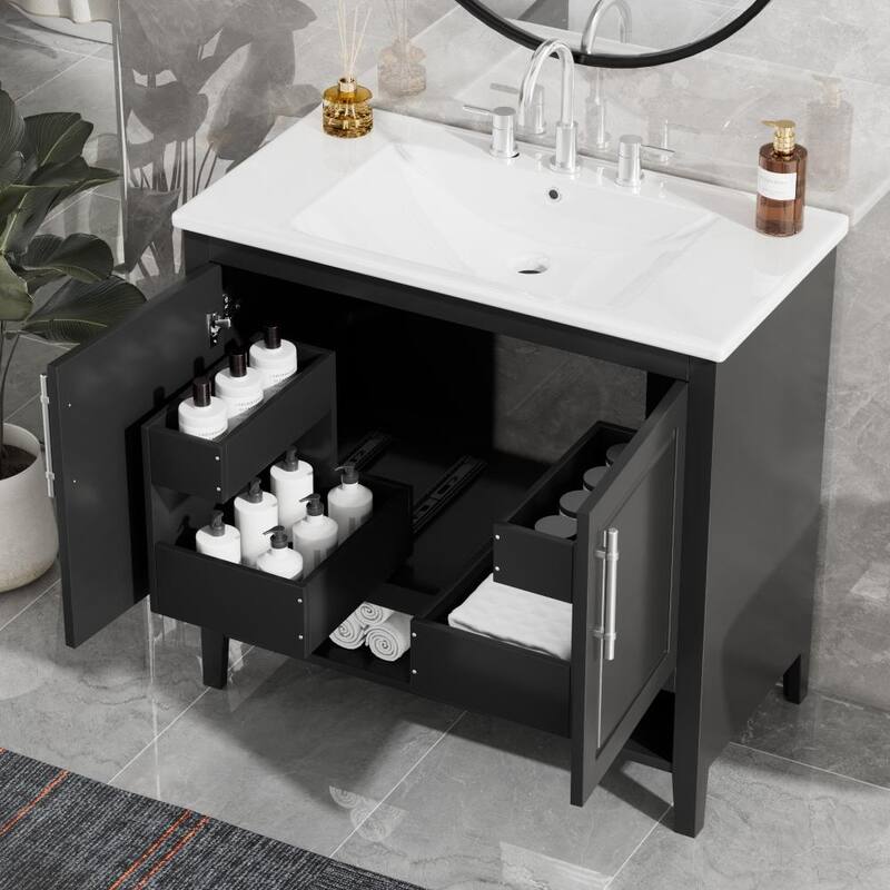 36" Bathroom Black Vanity with Sink with Doors and Drawers, MDF Frame & Board
