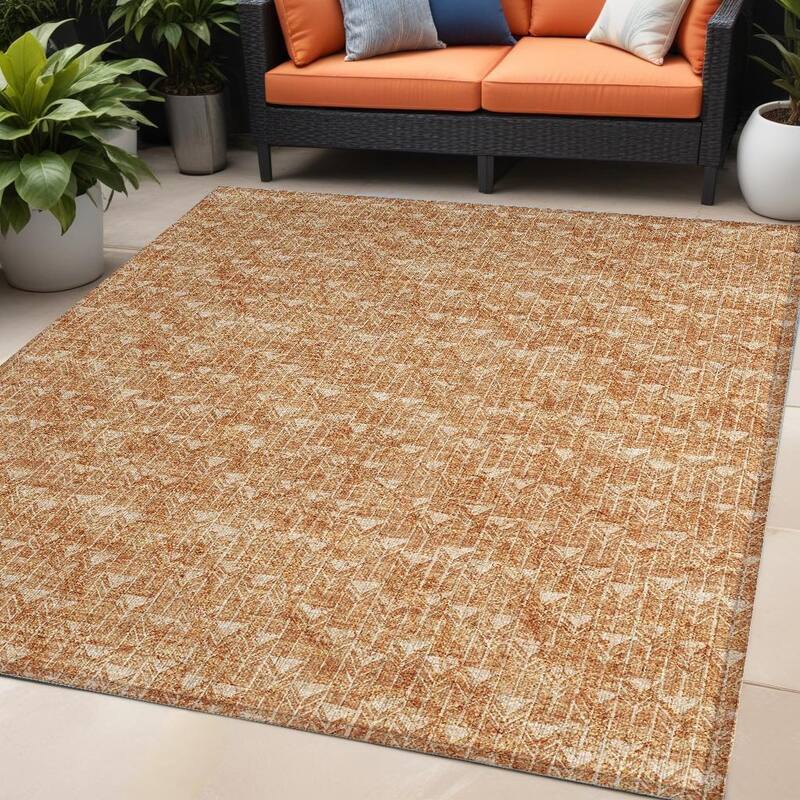 Almora Sleek Geometric Weather Resistant Classic Meets Modern Outdoor Rug - 5' X 8' - Brown