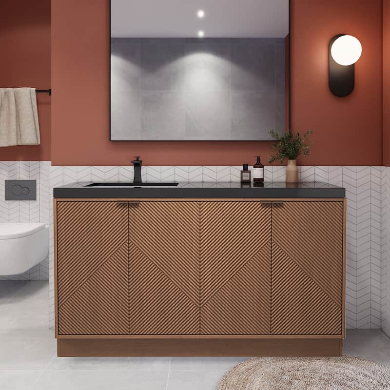 Milano 60" Freestanding Bathroom Vanity with Left Black Acrylic Sink - 59.06" x 19.49" x 35.46'' - Chestnut Brown