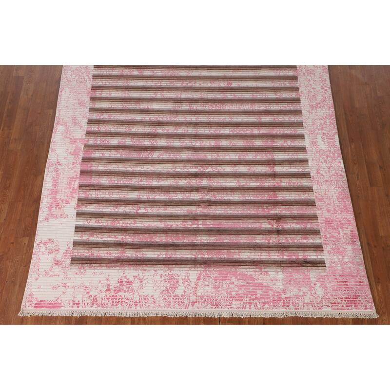 Striped Pink Abstract Area Rug Hand-Knotted Modern Wool Carpet - 6'6"x 9'0"