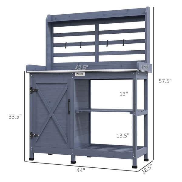 dimension image slide 0 of 2, Outsunny Wooden Potting Bench, Outdoor Potting Table with Storage Cabinet, Storage Shelves, Aluminum Table Top