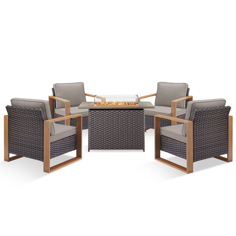Pocassy 5 Pieces Outdoor Patio Chair with Fire Pit Table Set