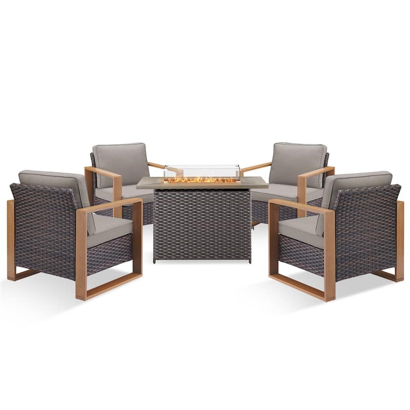 Pocassy 5 Pieces Outdoor Wicker Chair with Fire Table Set