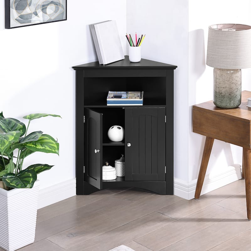 Roomfitters Corner Storage Cabinet with Doors and Open Shelf, Free Standing Sideboard Cabinet for Bathroom, Kitchen, or Entryway - Black