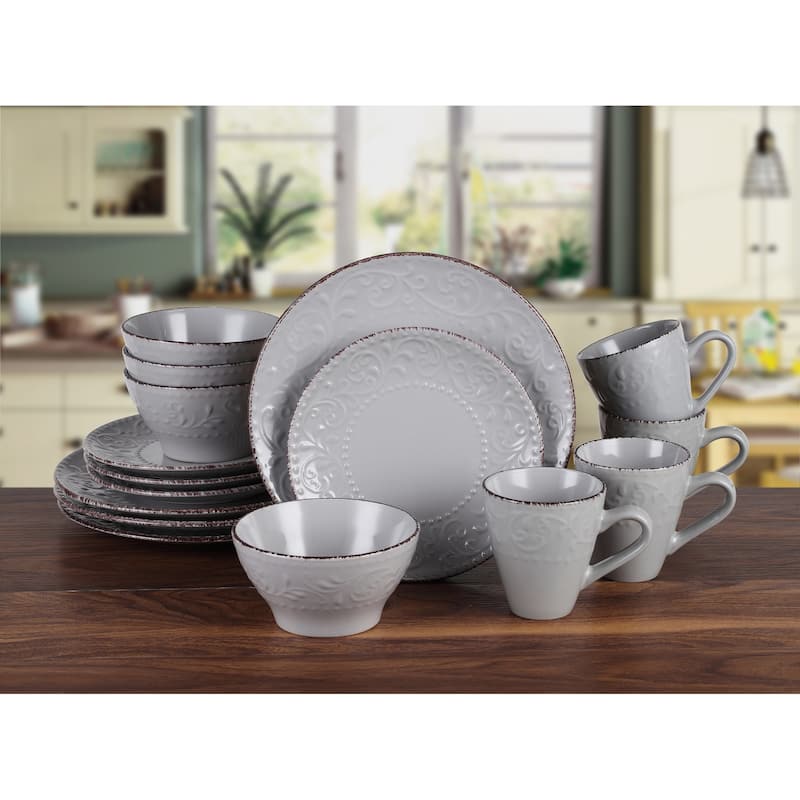 Lorren Home Trends 16 Piece Stoneware Scroll Dinnerware Set-Gray