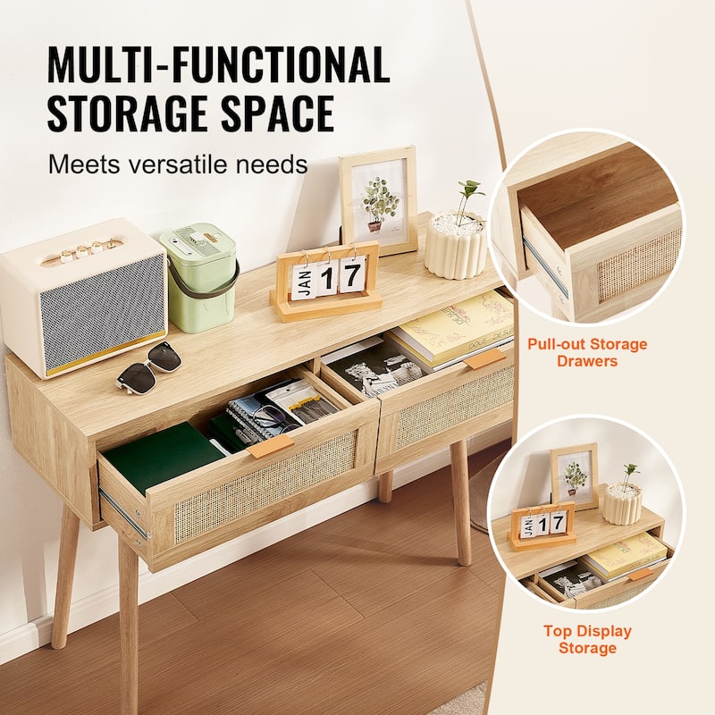 Rattan Console Table with 2 Storage Drawers, Rattan Entryway Table with Natural Rattan Sliding Door, Console Sofa Table