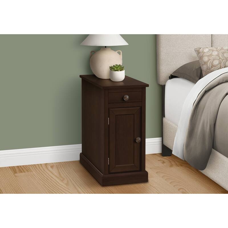 Accent Table, End, Side Table, Nightstand, Narrow, Bedroom, Lamp, Storage Drawer, Brown Veneer, Traditional