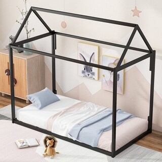 Twin Metal House Bed Frame, Durable Platform with Sleek Modern Design, Black