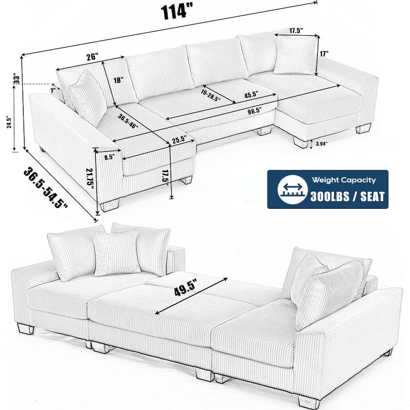 114" Convertible Sleeper Sofa,Oversized U Shaped Sectional Couch