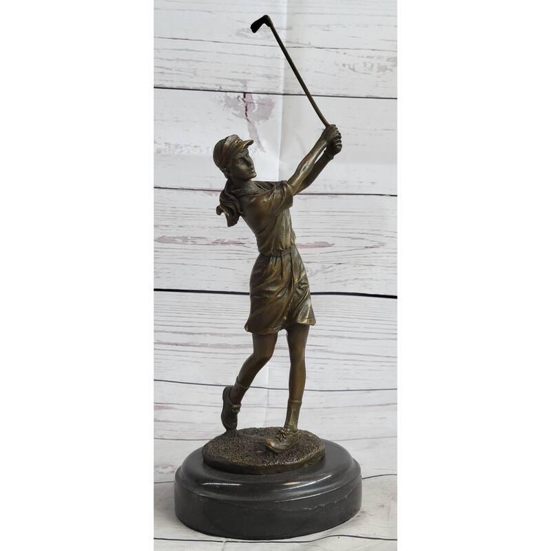 Bronze Statue Vintage Golfer Golf Female Golfing Trophy Sculpture Marble Figure