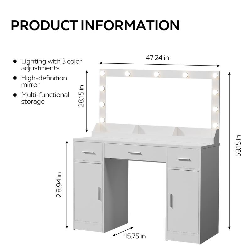 Modern Makeup Vanity with Mirror,3 Drawers & 2 Vertical Cabinets